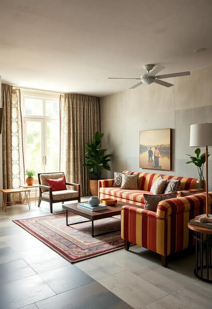 Vintage ⁣Eclectic Charm: Faded paisley drapes harmonize with bold striped upholstery in a sunlit reading nook