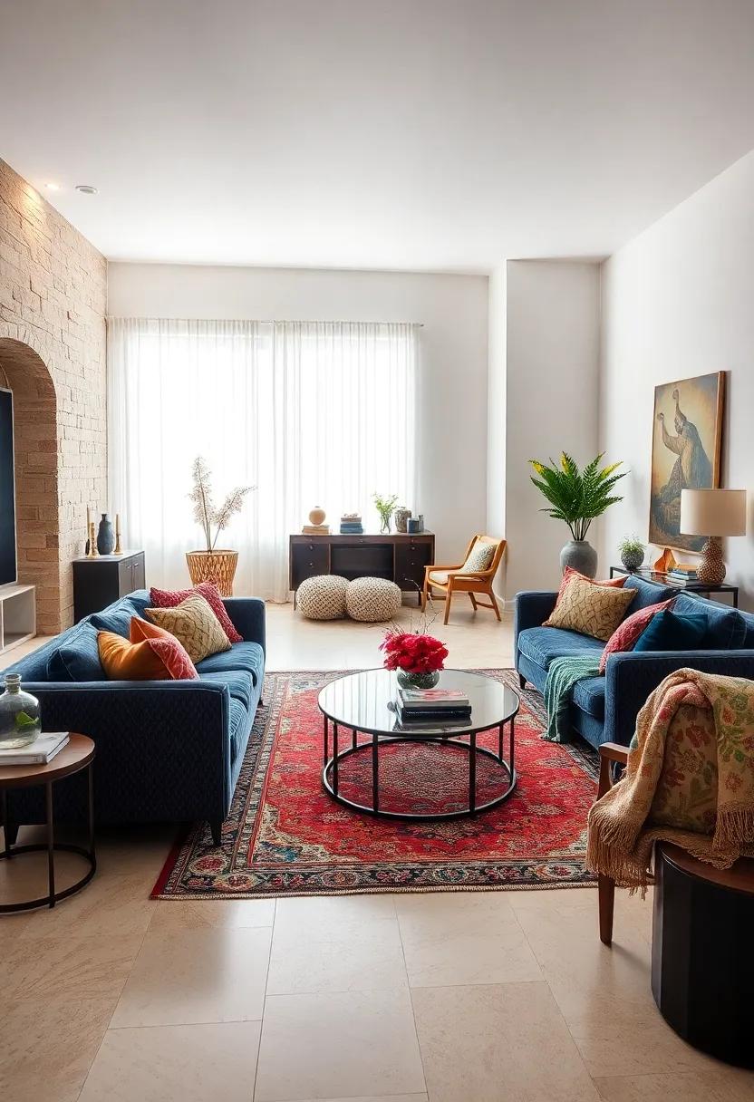 Luxe Layered Textures: Velvet jacquard couches nestle beneath paisley rugs and silk patterned throws