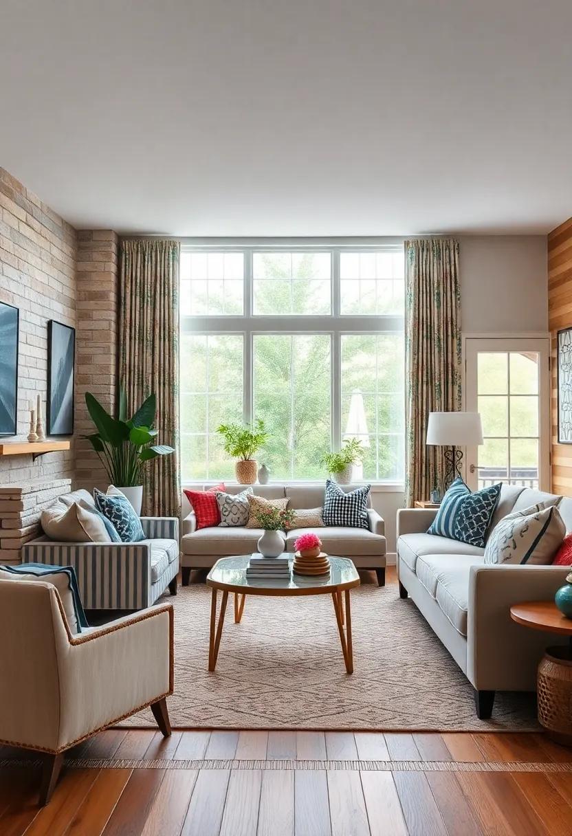 Contemporary Farmhouse Mix: Stripes​ and gingham pillows‌ complement floral​ curtains ‍in natural wood surroundings