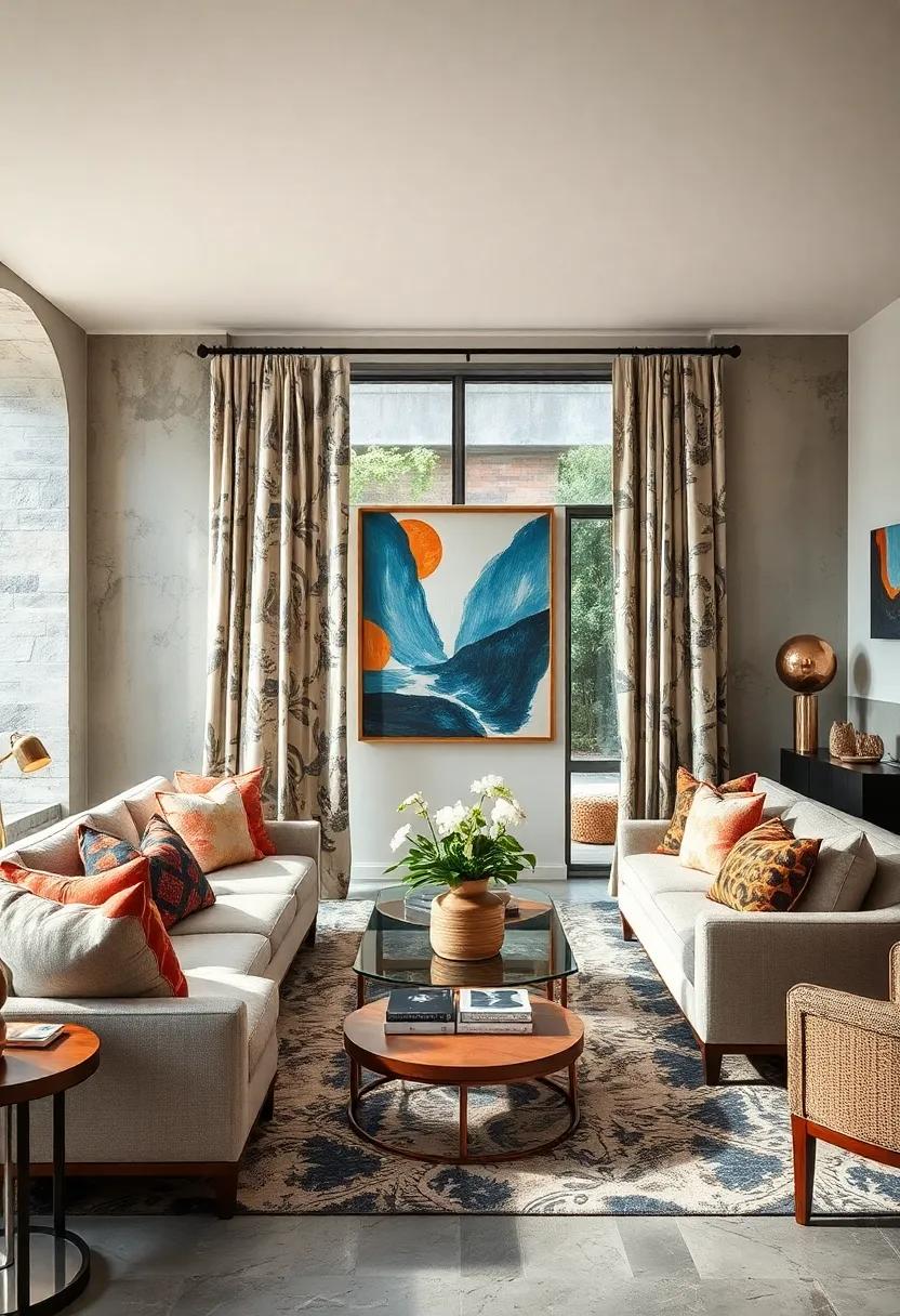 Artistic‍ Frame: Abstract‍ brushstroke pillows⁣ contrast⁢ with classic toile drapery for⁤ a gallery-like atmosphere