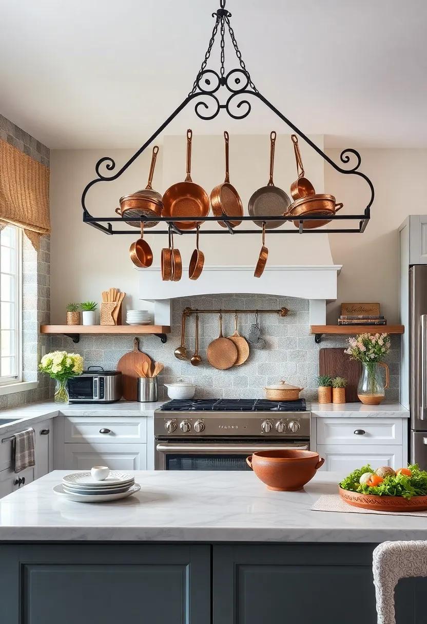 Hang a⁣ wrought iron pot rack overhead to showcase copper⁢ pots and⁣ pans elegantly