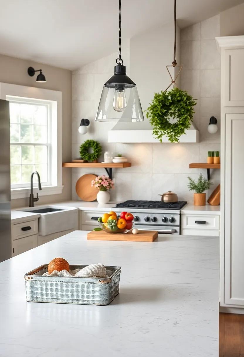 Use antique-style pendant lighting with metal or glass shades to enhance the decor’s vintage feel