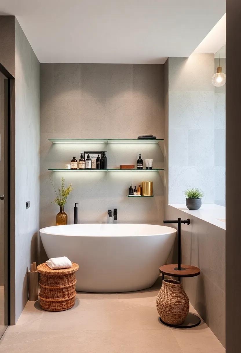 Open Shelving Elements: Incorporate ​open shelves made of⁣ glass or metal for displaying curated bathroom⁢ essentials and décor