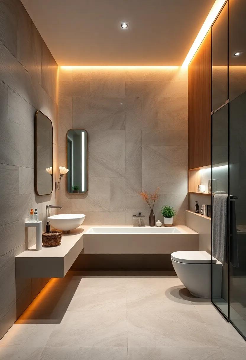 Integrated LED Lighting: Use subtle, built-in LED strips beneath mirrors and cabinets ⁢to create soft, ambient lighting and highlight architectural⁢ features