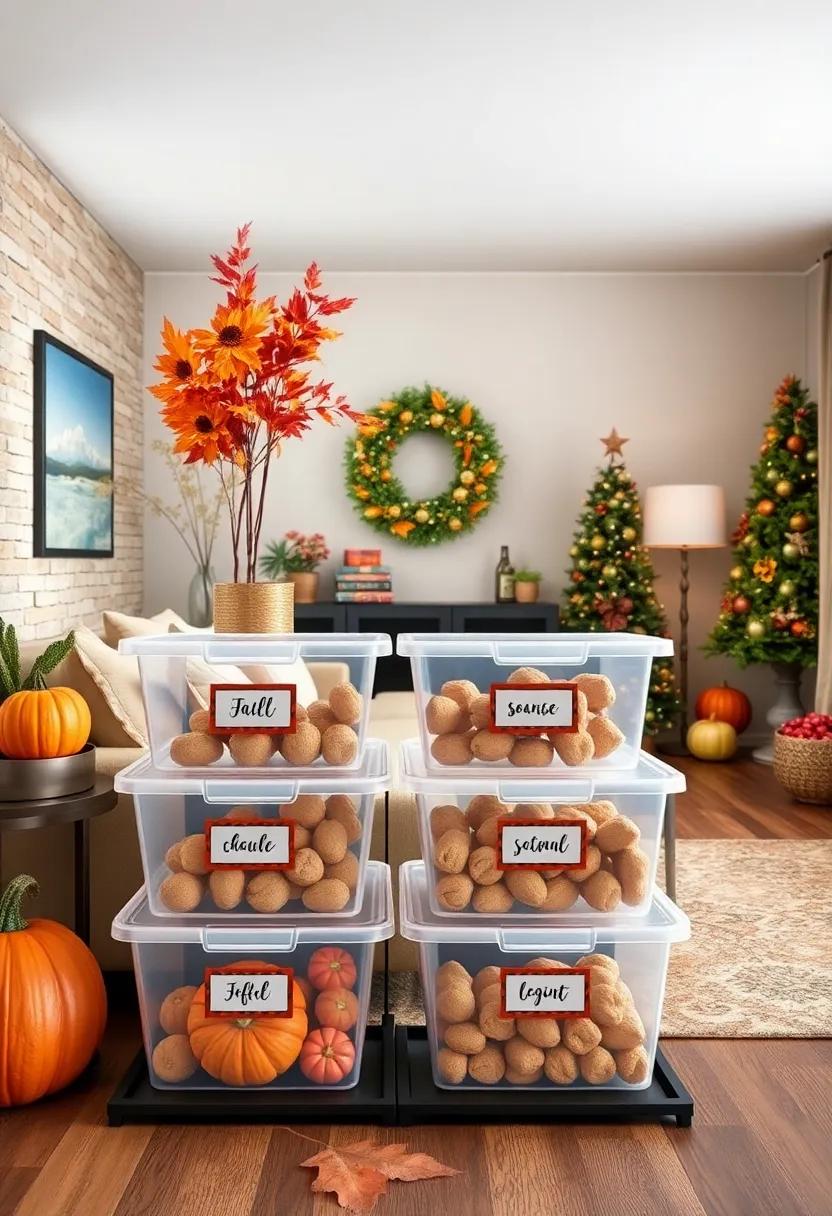 Stackable Clear Plastic Bins with Seasonal Labels