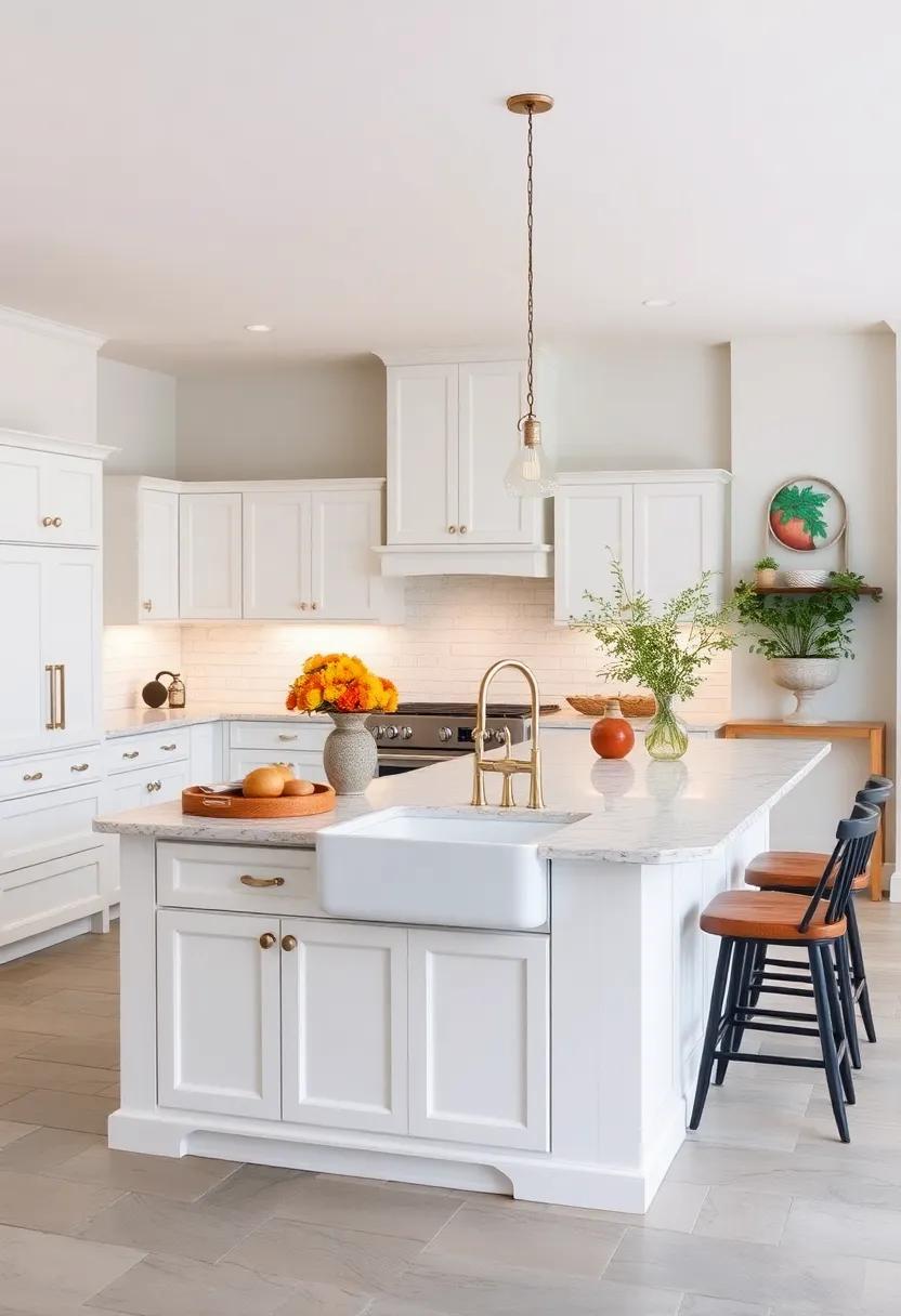 Classic White Farmhouse Island Featuring a Built-In Farm Sink