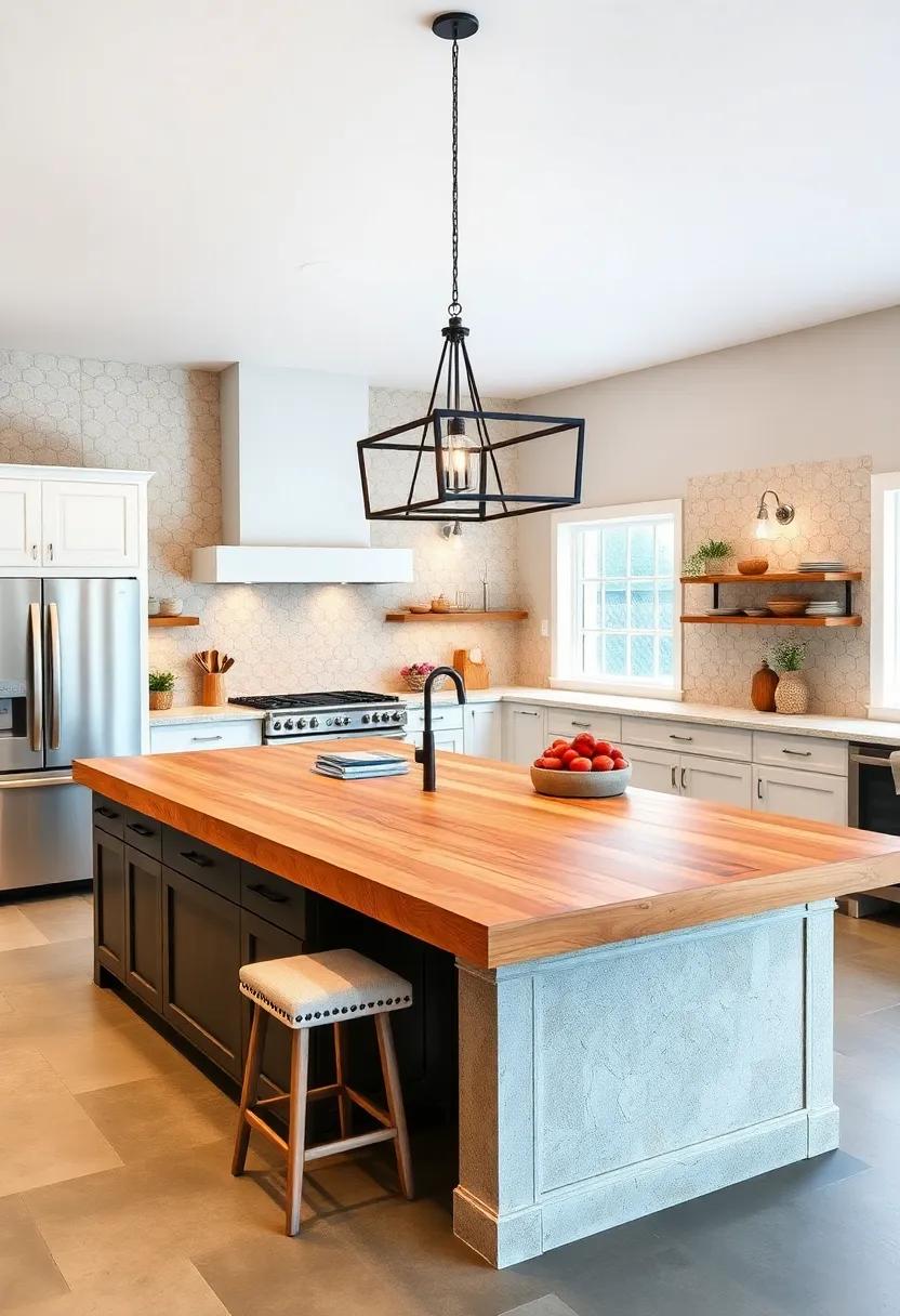 Expansive Island with Integrated Butcher Block Countertop for Chopping and Serving