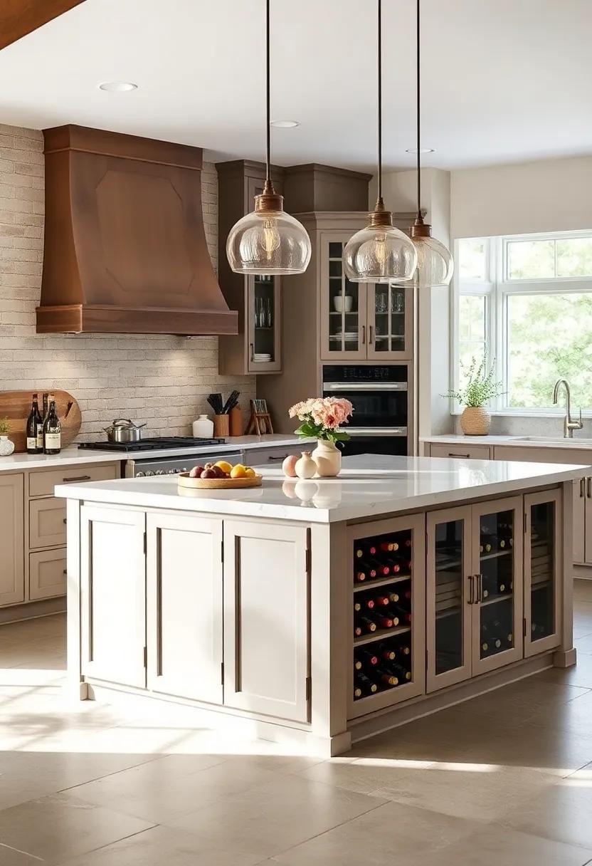 Farmhouse‍ Island with Built-In⁢ Wine Racks and Glass Cabinet‌ Doors
