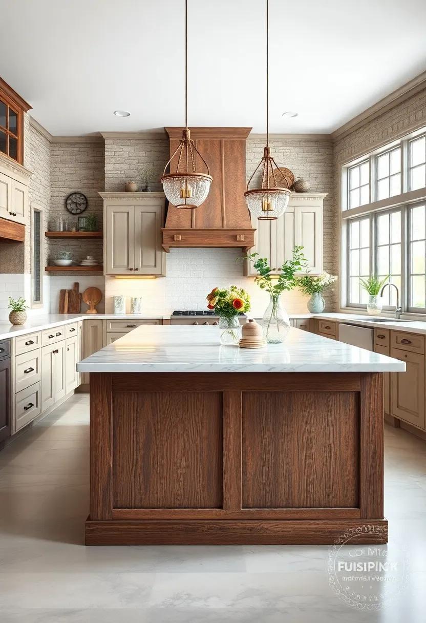 Two-Tone Island Combining Distressed Wood base and Marble Countertop