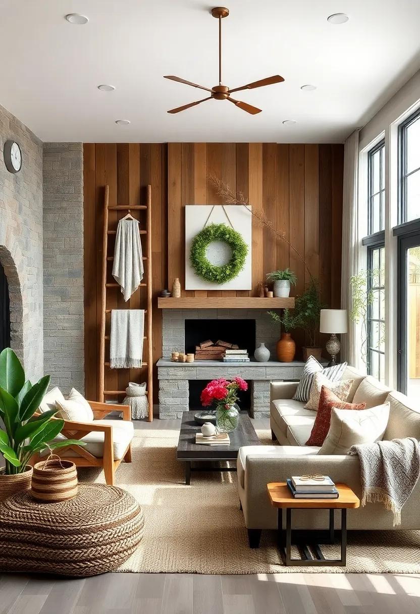 Introduce a wooden ladder as a decorative piece to hang cozy throws and rustic textiles