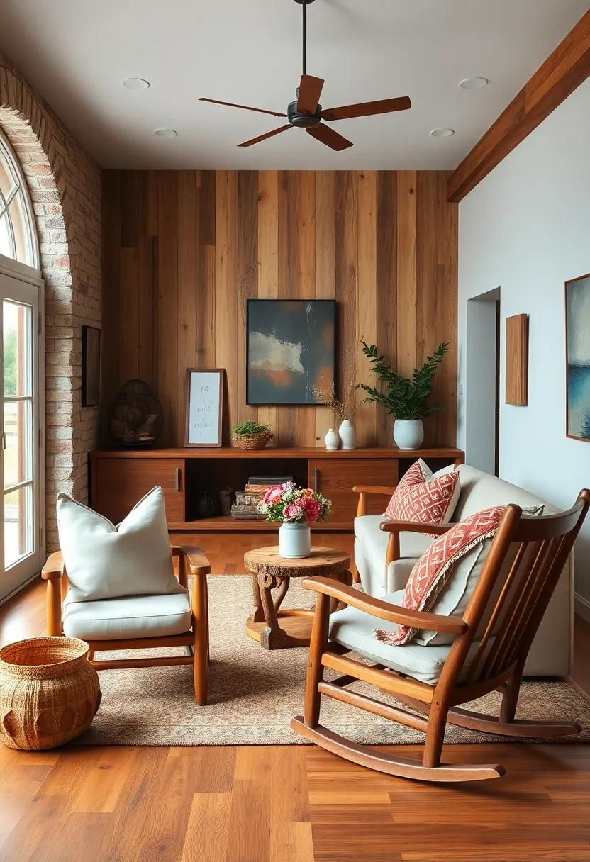 Pair vintage wooden rocking chairs with plush cushions to foster a nostalgic, inviting atmosphere