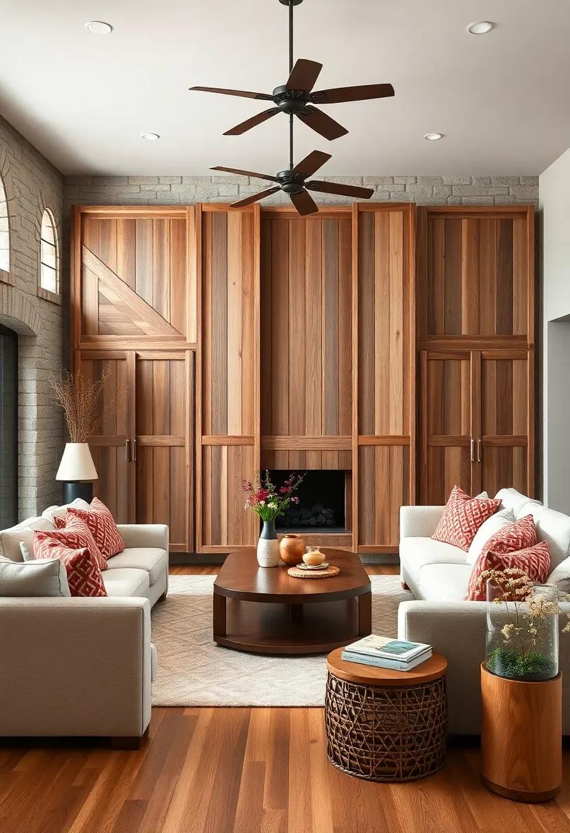 Use a wooden room divider or screen with a distressed finish to define spaces without sacrificing warmth