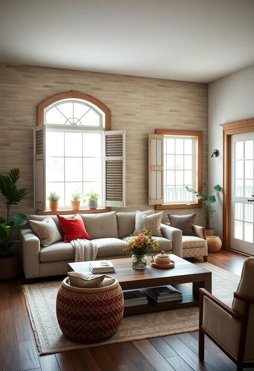 Opt for vintage wooden window shutters inside the living room as charming wall décor