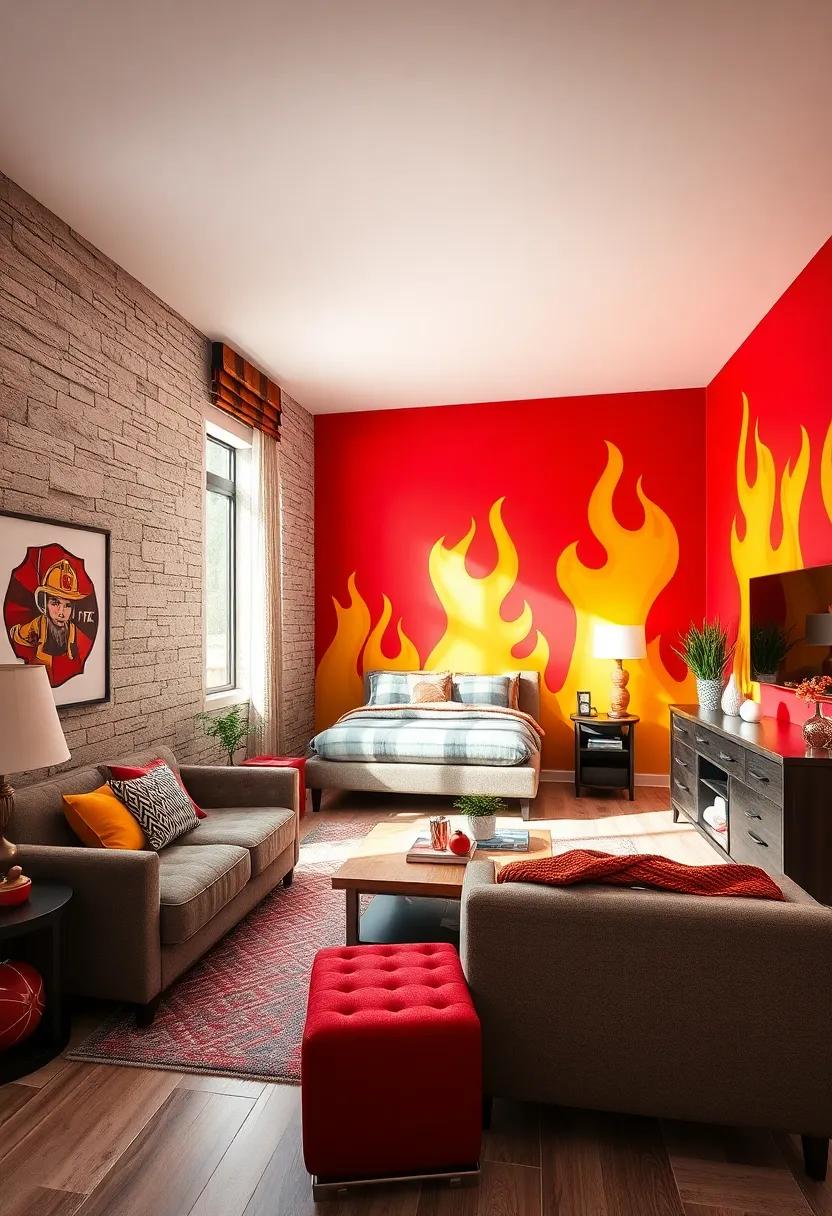 Red⁣ and Yellow Accent‍ Walls Mimicking ​Fire Flames