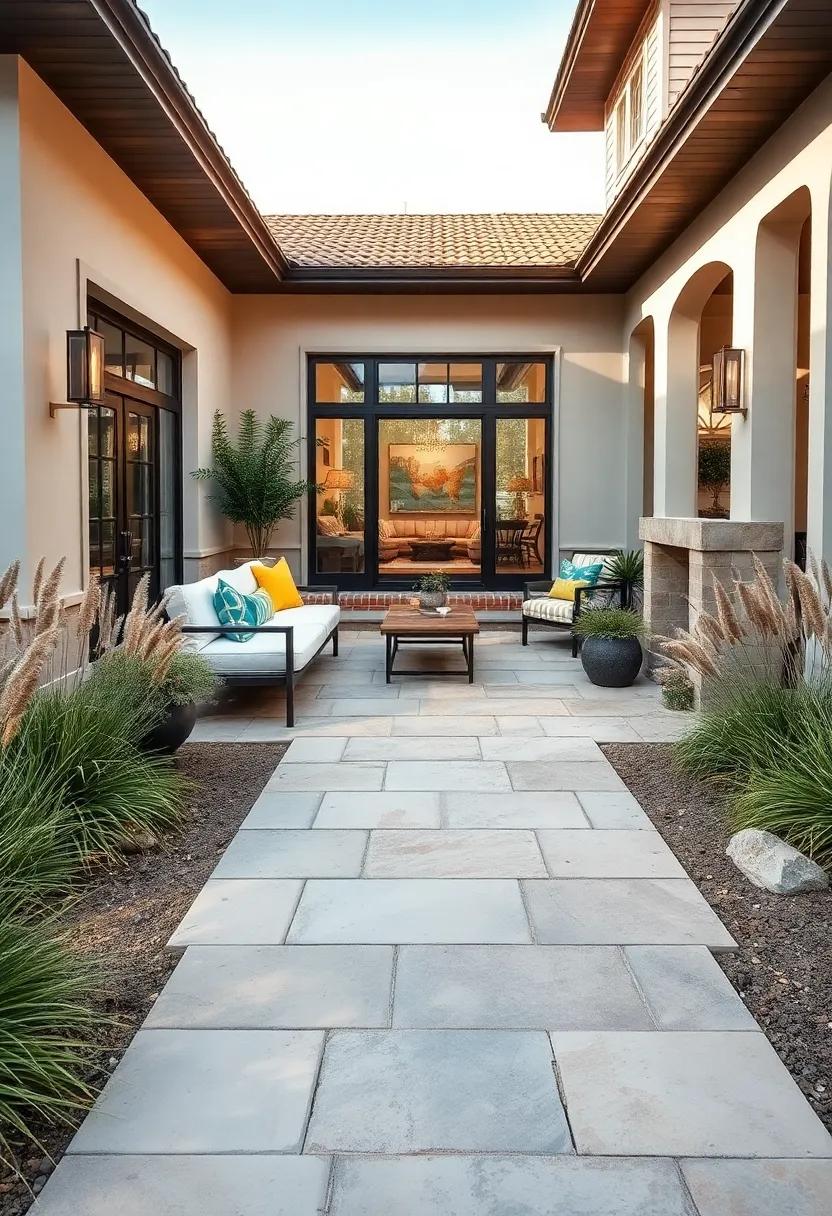 Wide Flagstone Entry Path Surrounded by Ornamental Grasses