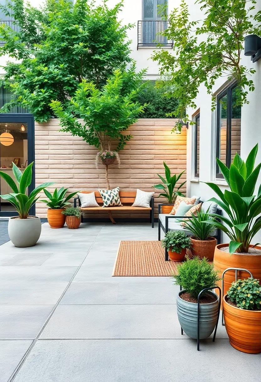 Cozy Seating Nook with Potted Plants – Create an inviting spot with ⁣a‍ small bench surrounded by lush⁣ pots of greenery