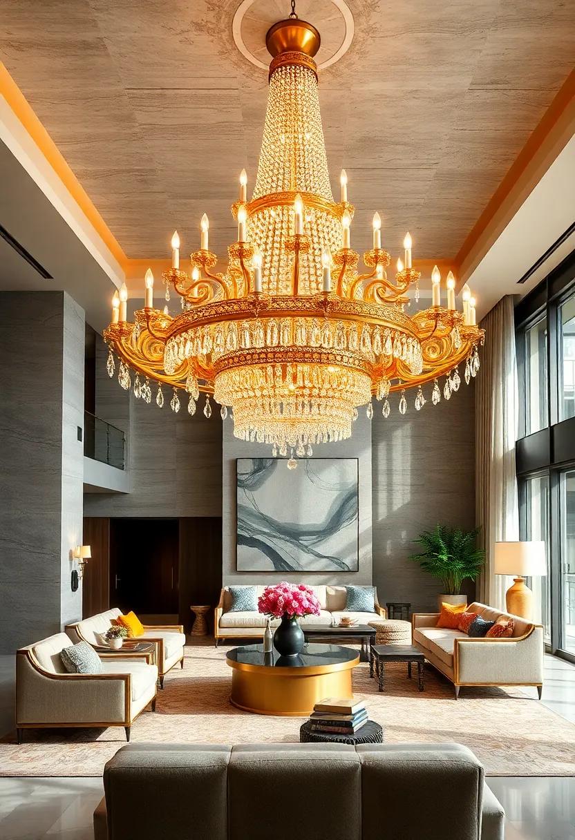 The ​Regal ⁣Radiance: A grand chandelier featuring tiered golden arms with cascading crystal​ droplets ⁢that evoke timeless sophistication