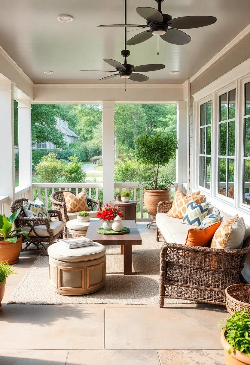 Mix and match patterned cushions on your sectional sofa to introduce personality without overwhelming the porch’s aesthetics