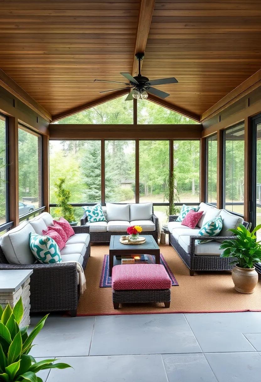 Combine rustic wooden elements with a cozy, oversized sectional to bring warmth and charm to your screened porch