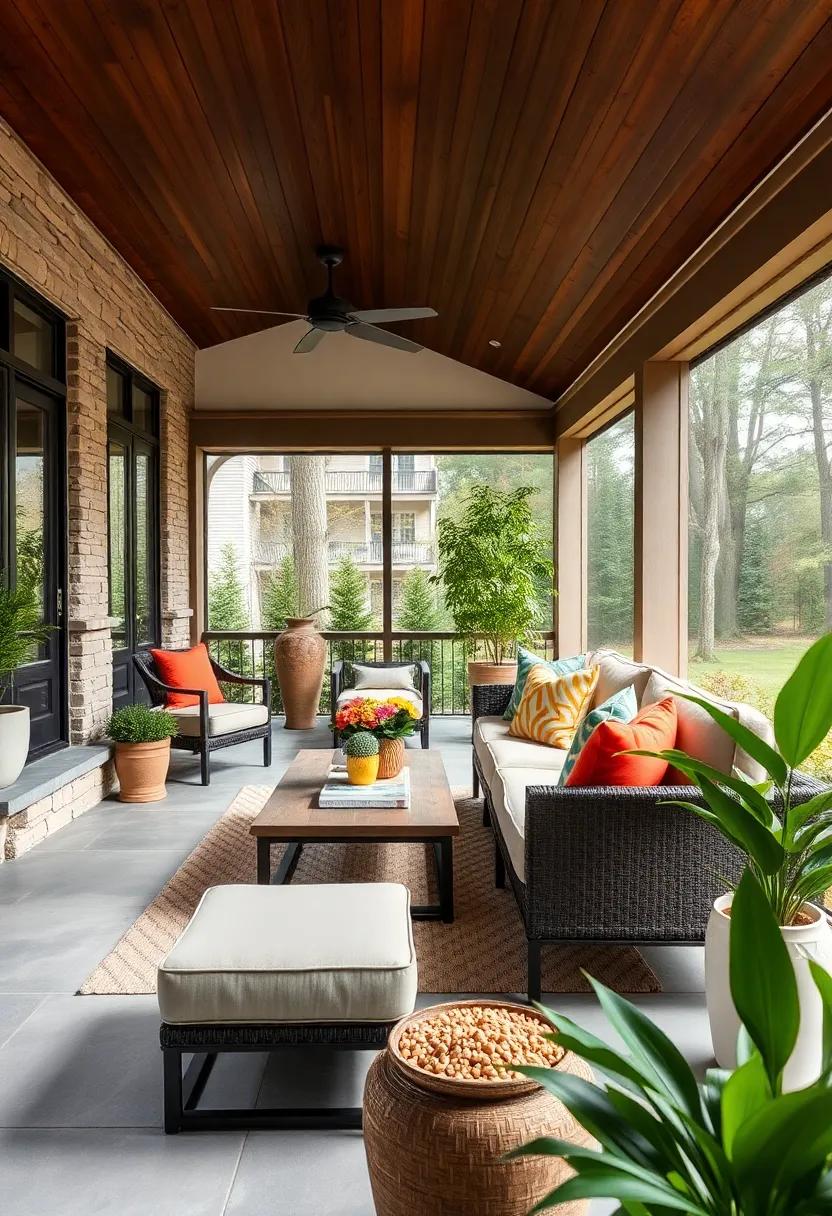Use bright accent pillows on a neutral sectional sofa to add pops of color that energize your porch space