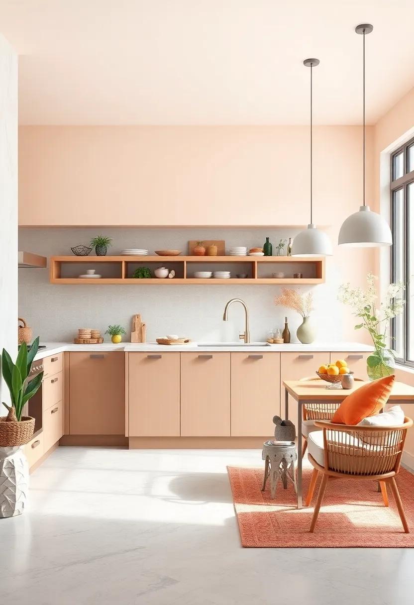Pale Apricot​ and Soft Gray – A soft apricot ⁢hue⁤ balanced by light gray tones keeps⁢ the kitchen feeling airy yet grounded