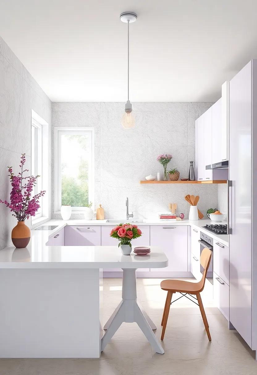 Delicate Lilac and Bright White –​ Light purple nuances with pure white surfaces make the space feel open and ⁤elegant
