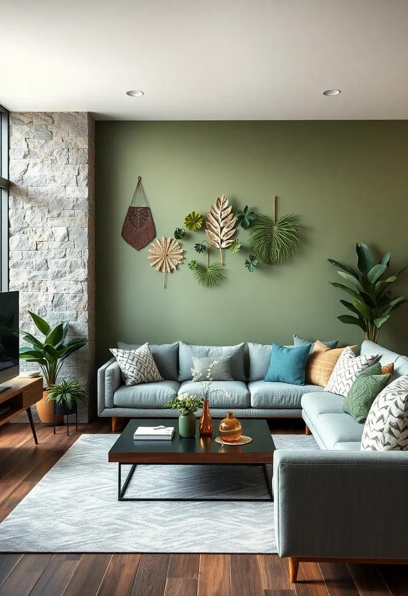 Paint your accent ⁤wall in a soft sage hue and complement it with ⁣leafy wall‌ hangings