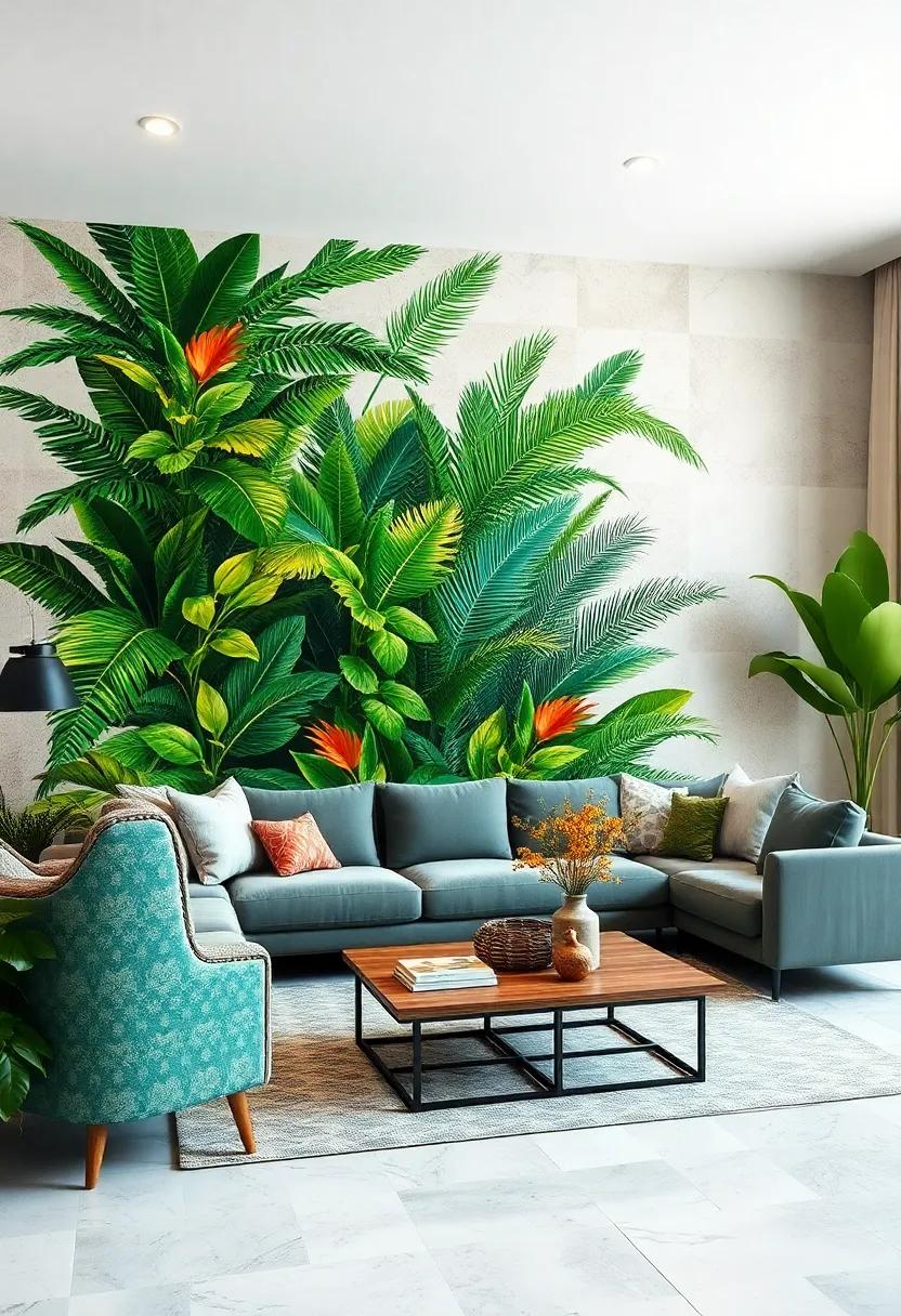 Hang a‍ large botanical mural that celebrates the beauty of‍ tropical foliage