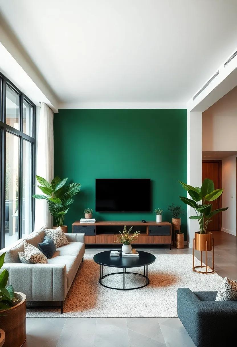Choose a deep emerald accent​ wall paired with sleek plant⁤ stands and broad-leafed plants