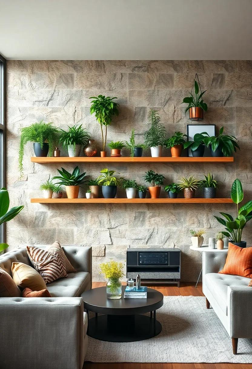 Install floating shelves adorned with a variety of potted plants for a green,​ layered ​look
