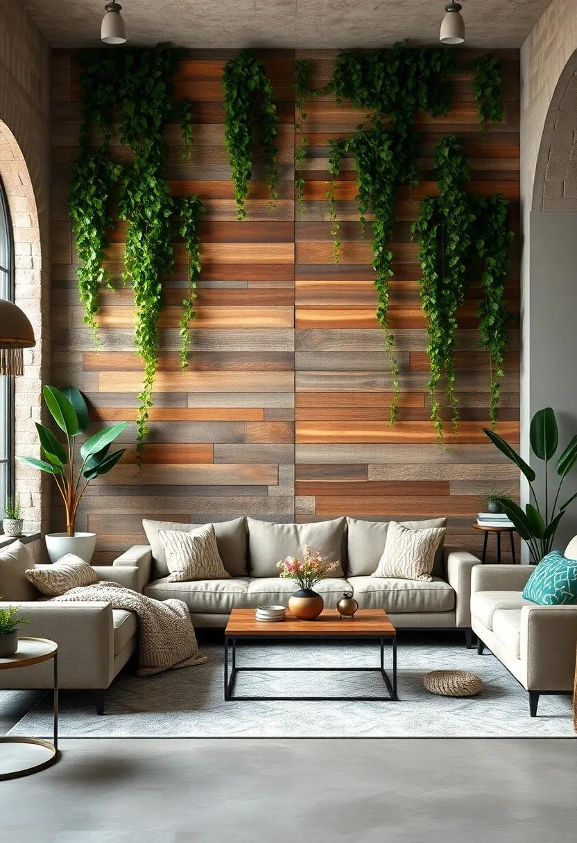 Build a rustic reclaimed wood backdrop complemented by vibrant hanging‌ ivy