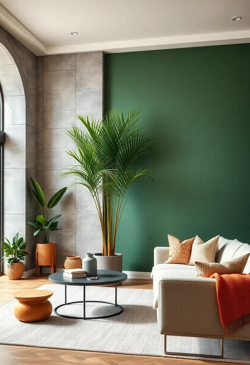 Position tall potted palms beside a matte green painted accent wall for a tropical oasis feel
