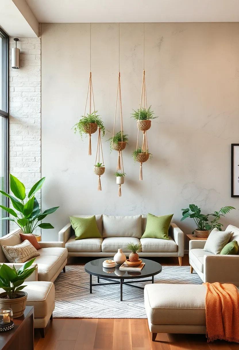 Integrate macramé plant hangers against a neutral-toned backdrop to enhance natural elements
