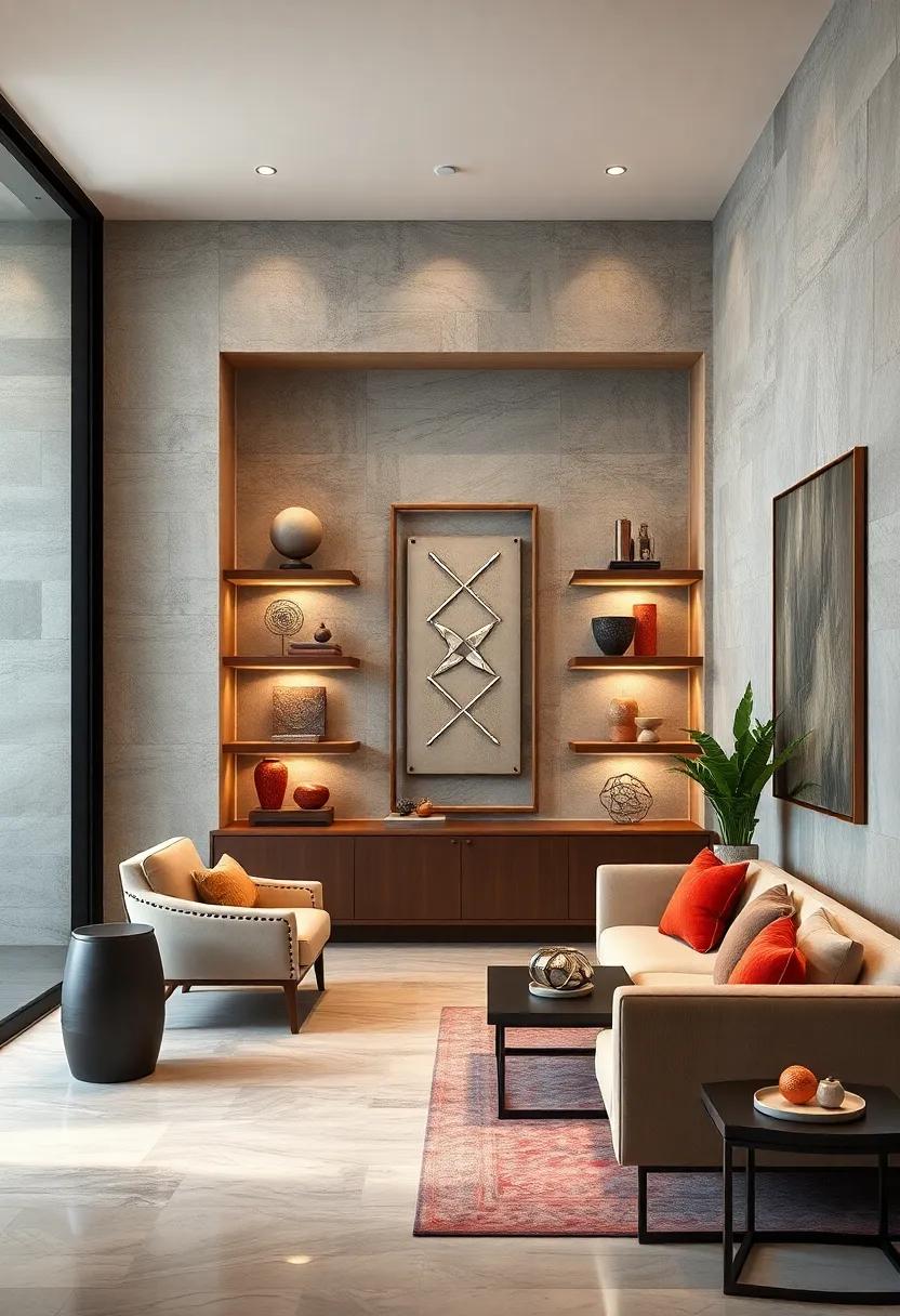 Built-in Display Shelves with Curated Sculptures