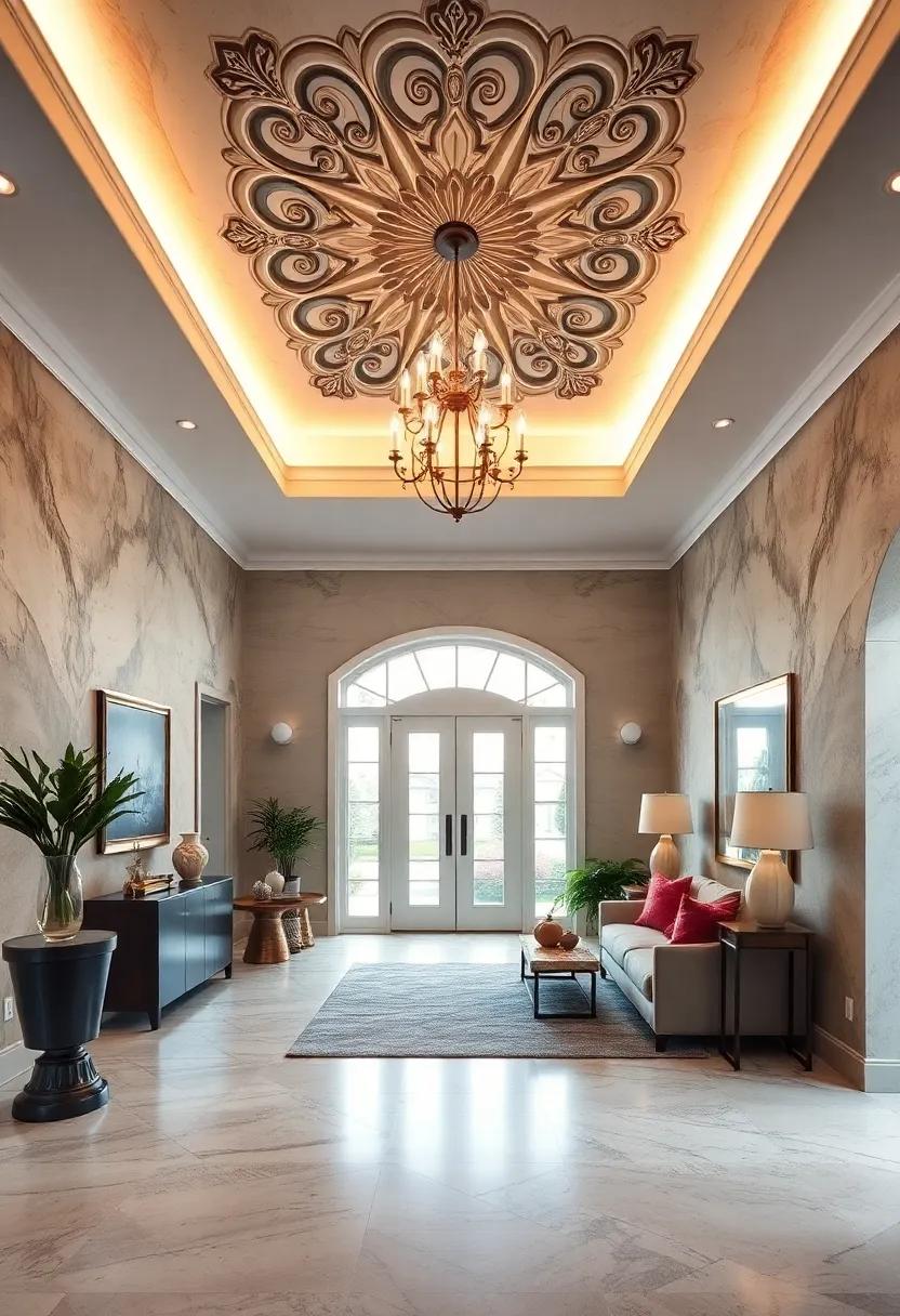 Intricate Ceiling Medallion ⁣Framing a Modern Chandelier