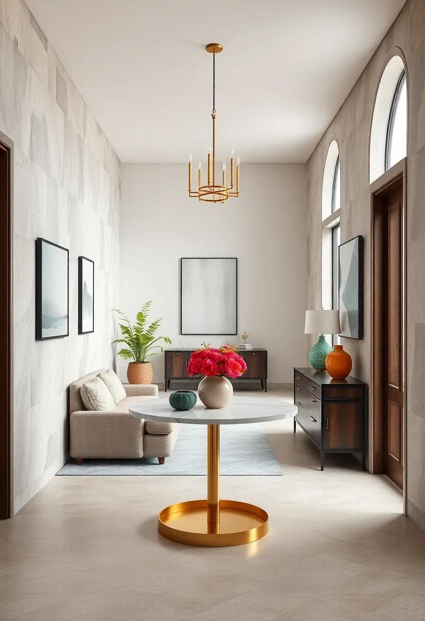 Marble-Topped Entry Table with a​ Brass Base