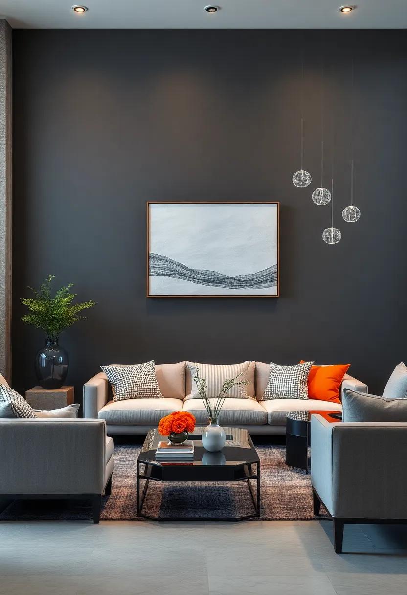 Embrace Minimalism: A sleek charcoal gray wall becomes the perfect backdrop for delicate silver wire sculptures that add subtle elegance without overwhelming the space