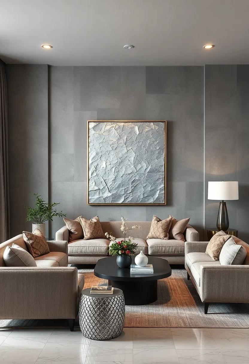 luxe Textures: Concrete-tone gray walls paired with ‌textured silver mixed-media art combine ⁣tactile ​richness with a ⁣polished finish