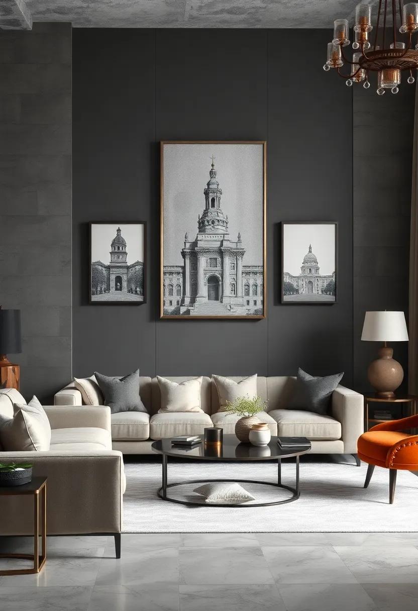 Reflective Accents: Deep⁣ gray walls accented with silver metal wall sculptures add dimension and catch light, enhancing the room’s ambiance