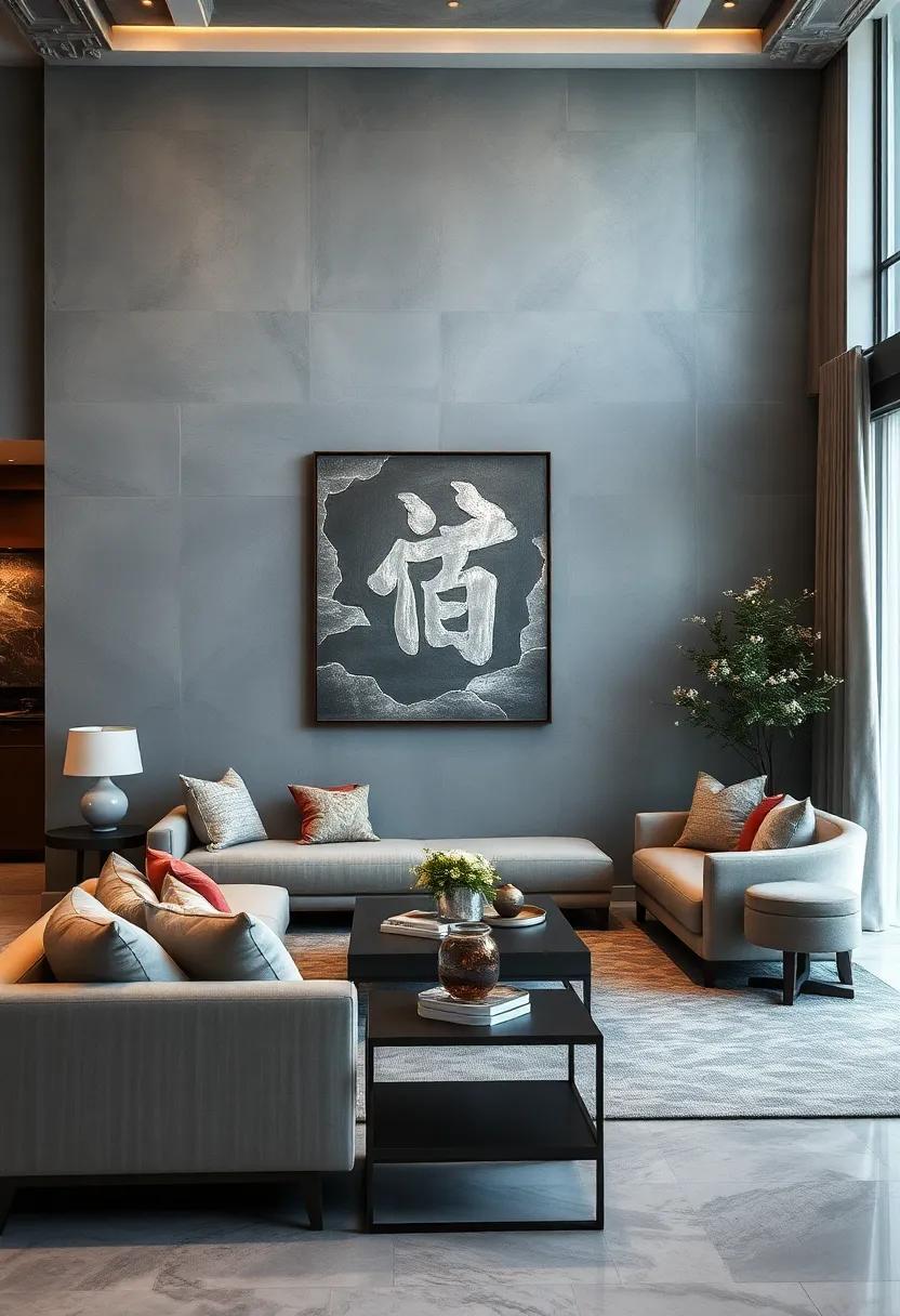 Artistic Flair: Cool gray walls decorated ​with silver leaf calligraphy art ⁢merge‍ tradition and modern luxury seamlessly