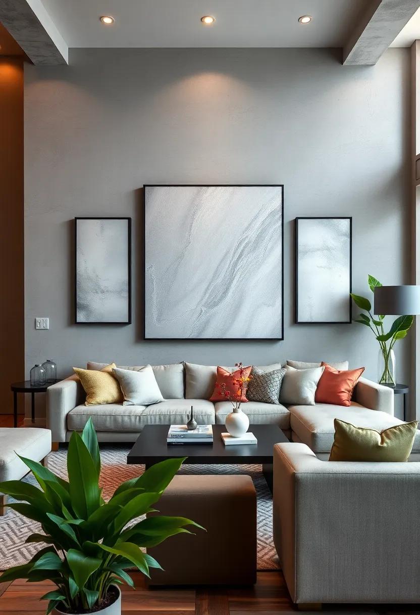 Delicate Drama: Medium gray walls coupled with fine silver​ filigree patterns in artwork provide just the right ⁣amount of drama without being overpowering