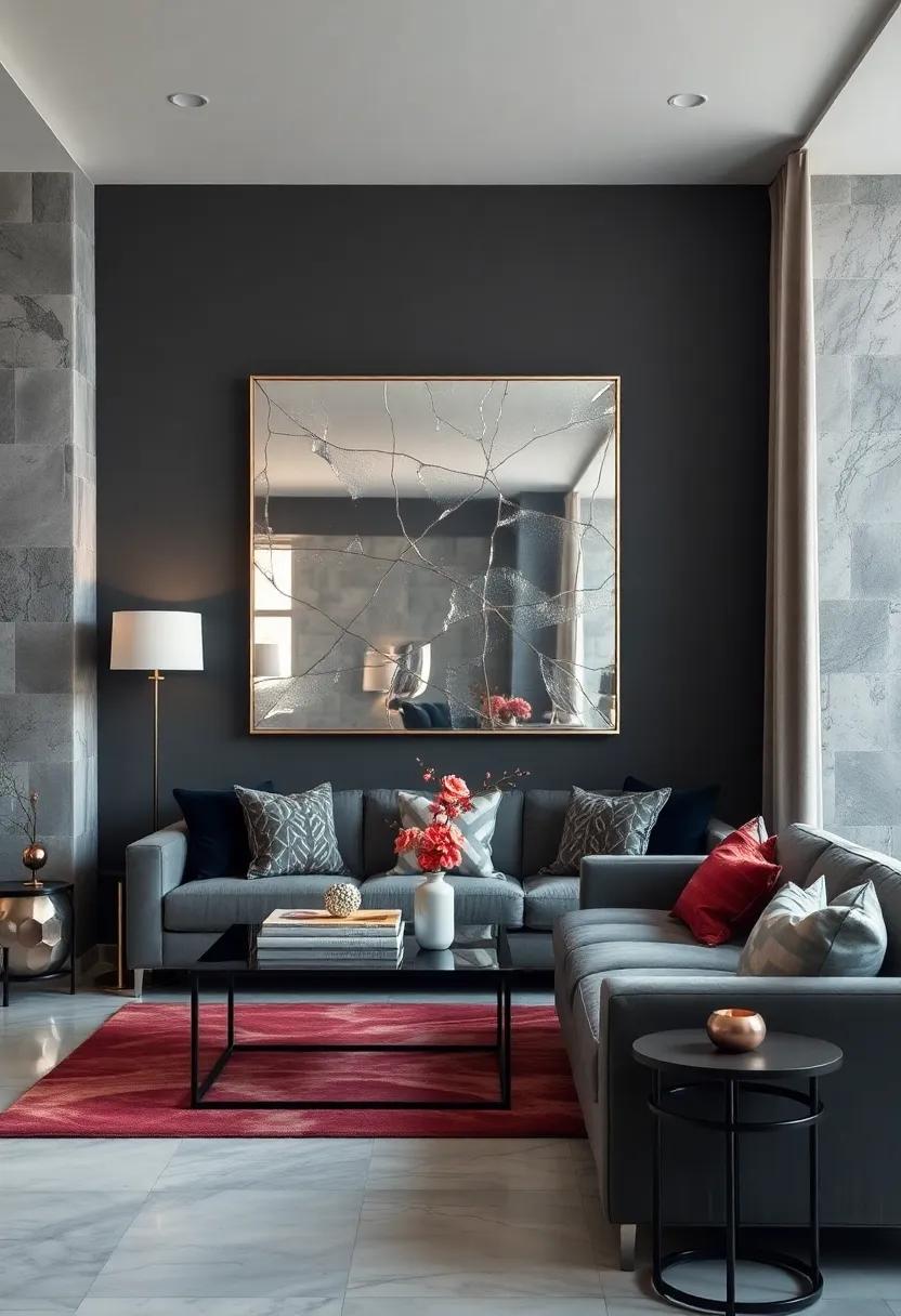Bold Reflections: Charcoal gray walls combined with oversized mirrored silver art amplify space while adding a dramatic flair