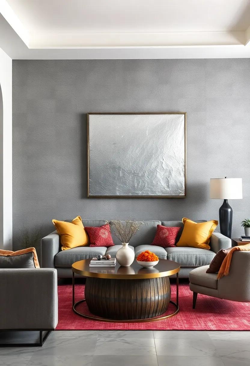 Textural Harmony: A textured gray wall complements silver leaf canvas artwork, creating a layered visual experience‍ that feels both⁤ rich and refined