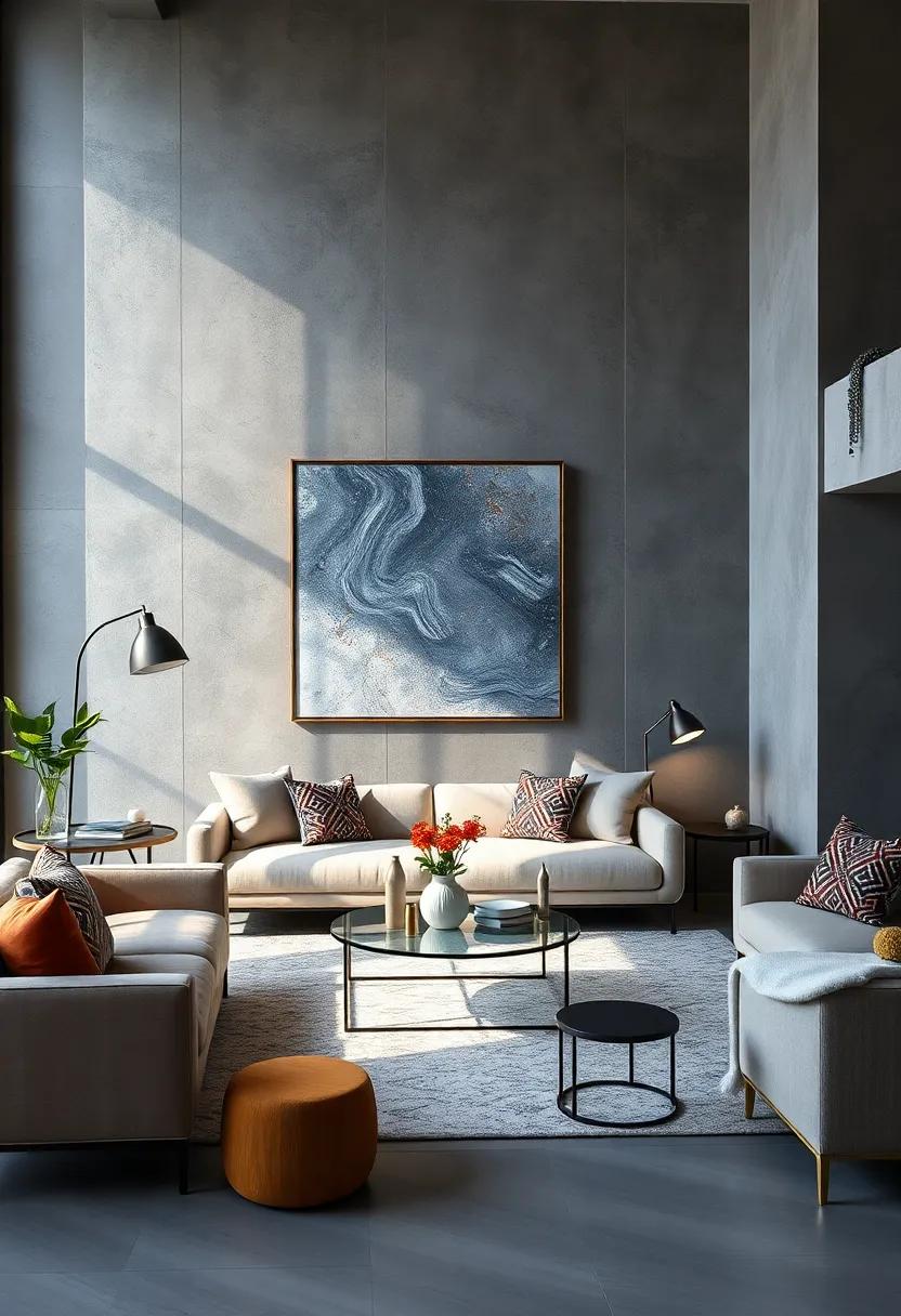 Urban Elegance: Concrete gray walls with silver street art-inspired mural prints blend rawness with refined artistry for a bold statement