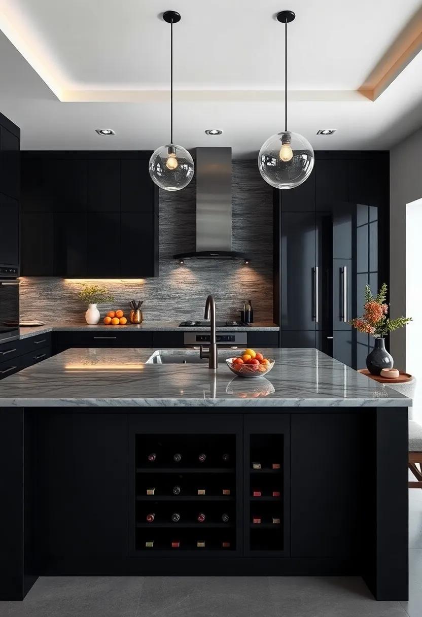 Custom Black Kitchen Island with Built-in wine Storage and Seating Area