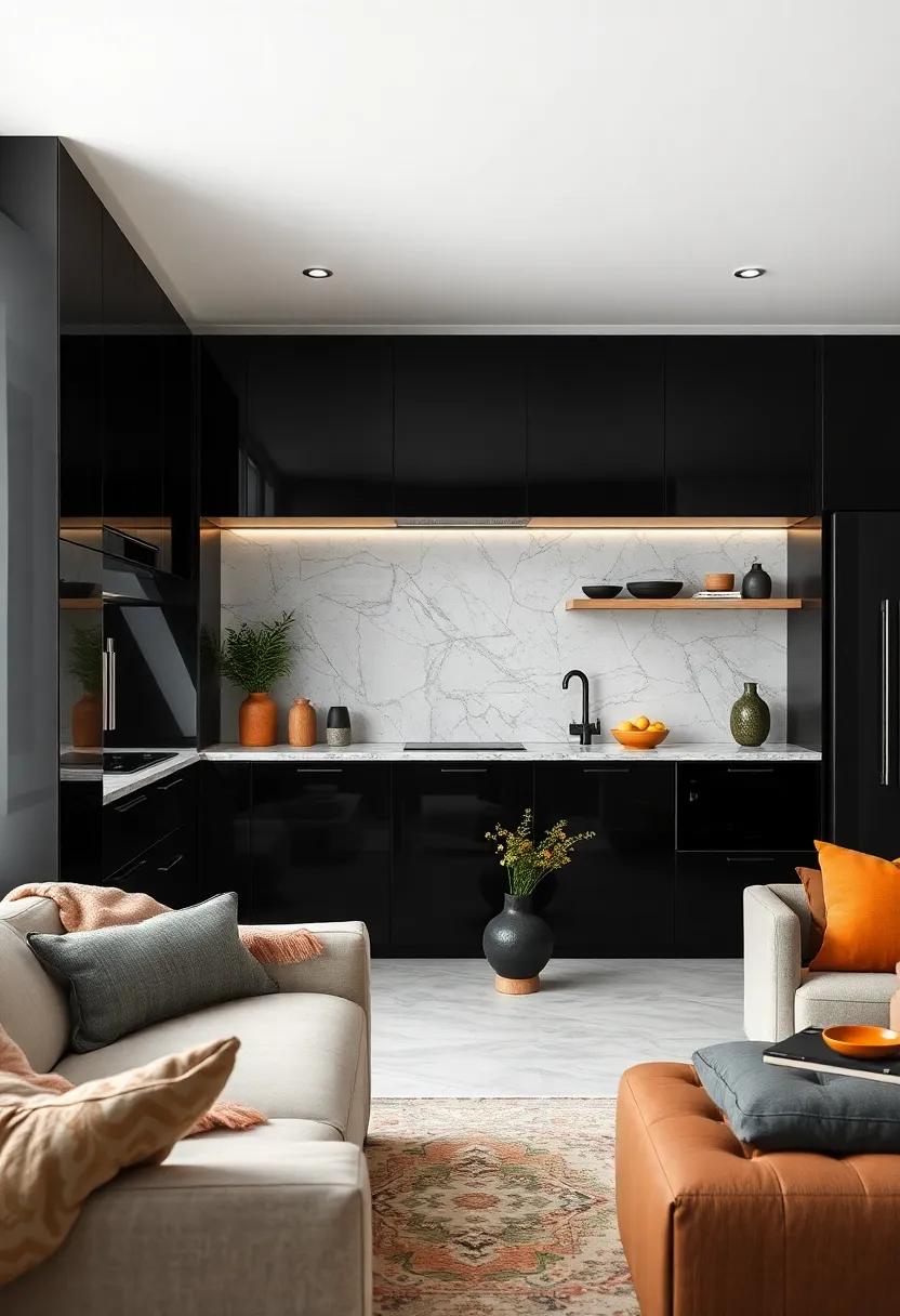High-Gloss Black Cabinets ‌with Push-to-Open Mechanisms for Clean Lines
