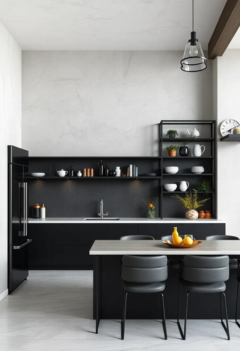 Open Shelving in Black metal Frames with ⁢Dark Wood Accents