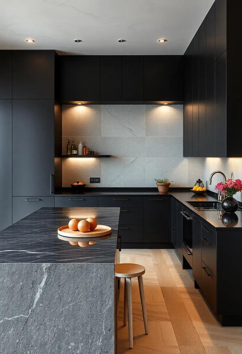 Sleek Matte Black Cabinetry Paired⁢ with Glossy Black Countertops