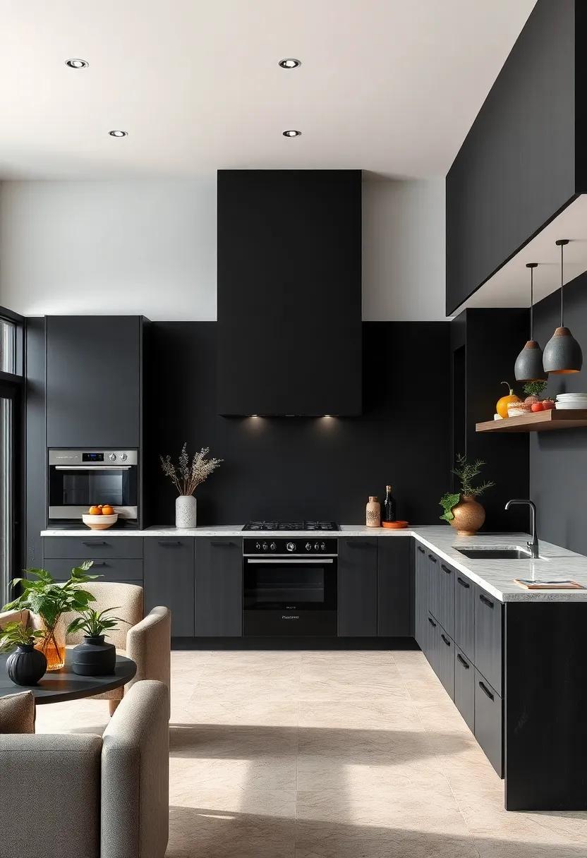 Statement Black‍ Range Hood ‍Contrasting Against Matte Black Walls