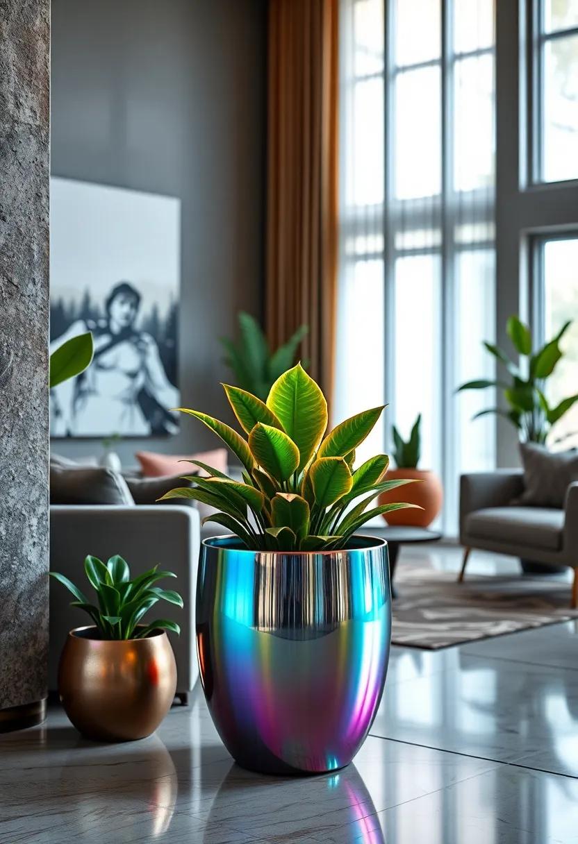 Aurora Iridescent‍ Metal planter - Its color-shifting iridescent finish captures ‌every shade of the rainbow, adding dynamic elements to your plant decor